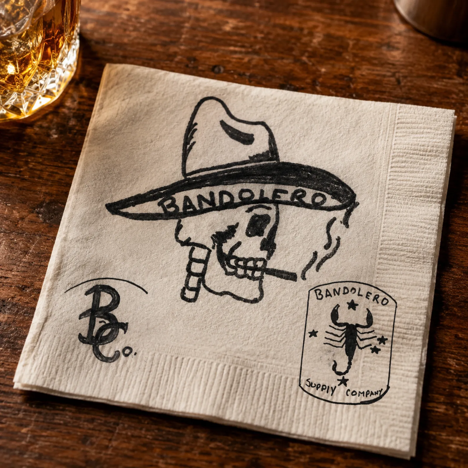 The original Bandolero Supply Co. napkin sketch — a skull in a wide-brim hat smoking a cigar, with a scorpion stamp