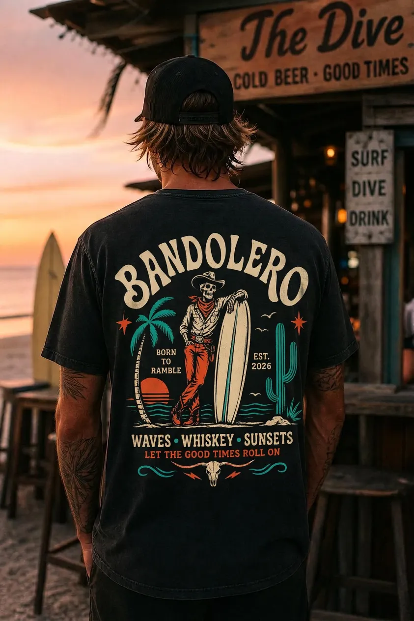 Waves & Whiskey Tee — back view